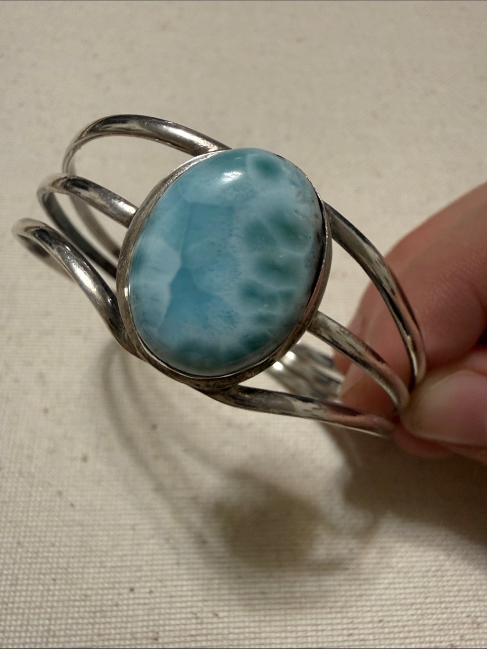 Stunning Sterling Silver 925 Cuff Bracelet W/Light Blue Larimar Stone